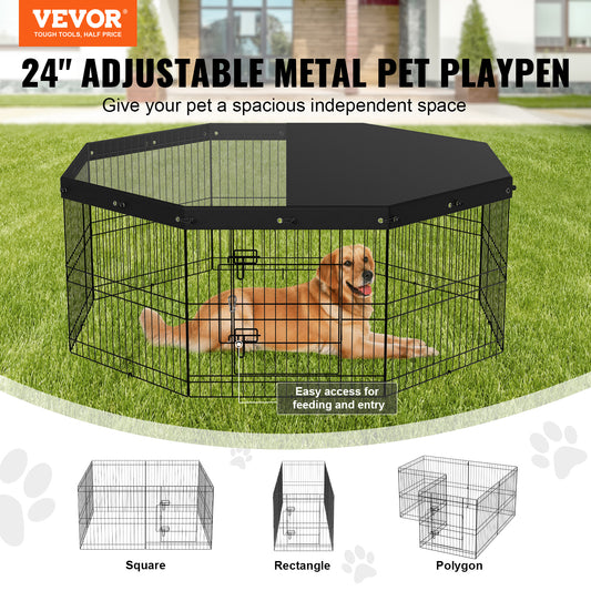 VEVOR Dog Playpen, 8 Panels Foldable Metal Dog Exercise Pen With Top Cover, 24inch H Pet Fence Puppy Crate Kennel With Ground Stakes, Indoor Outdoor Dog Pen For Small Medium Pets, For Camping, Yard