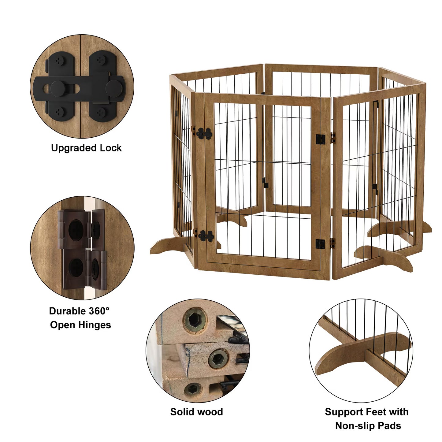 Dog Gate With Door Walk Through 144inch Extra Wide 32inch Tall 6 Panels Foldable Wire Pet Gate Barrier For House Doorway Stairs Pet Puppy Safety Fence Support Feet Included Solid Hard Wood